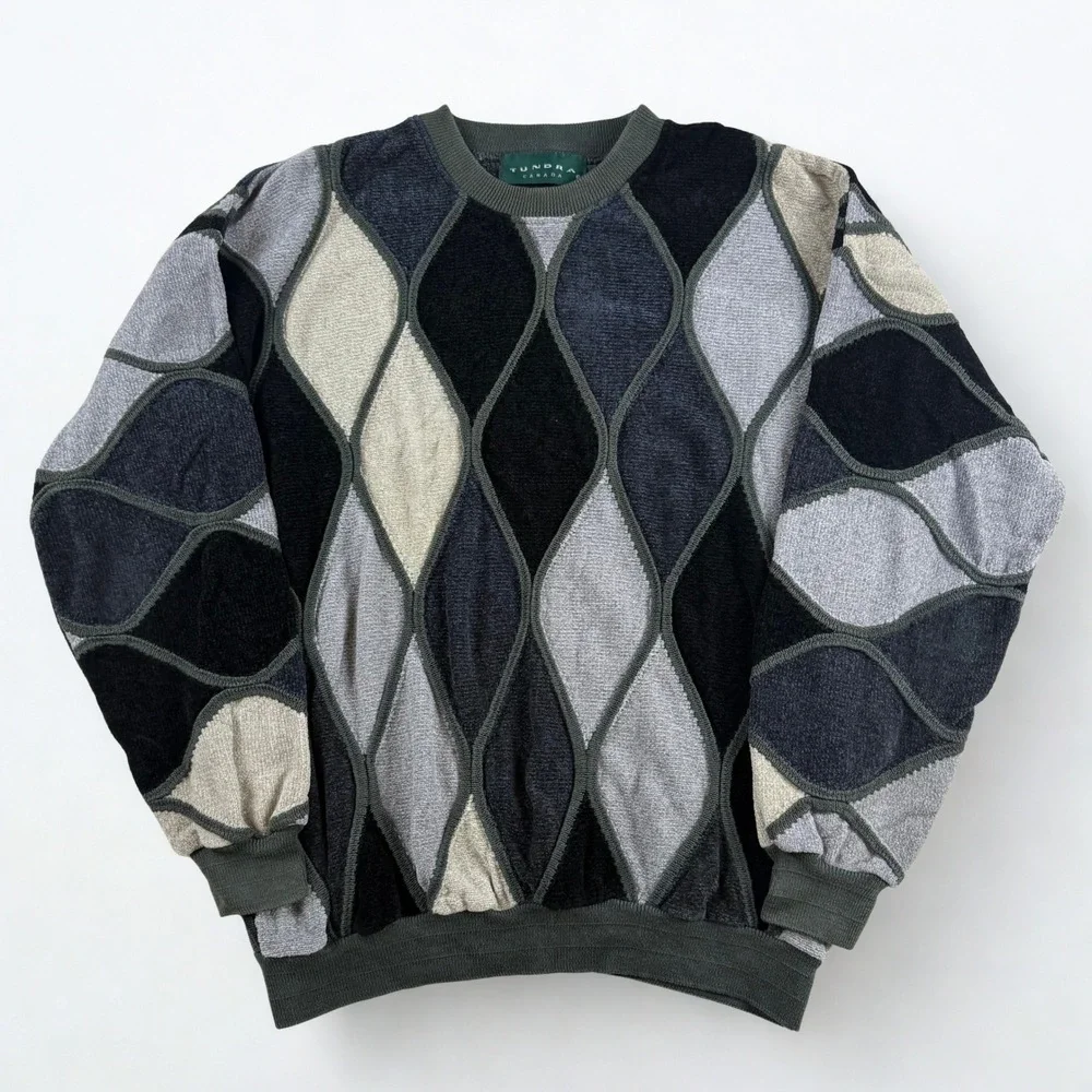 Vintage Tundra Canada Sweater Mens L Grey 3D Knit Geometric Coogi Style Retro